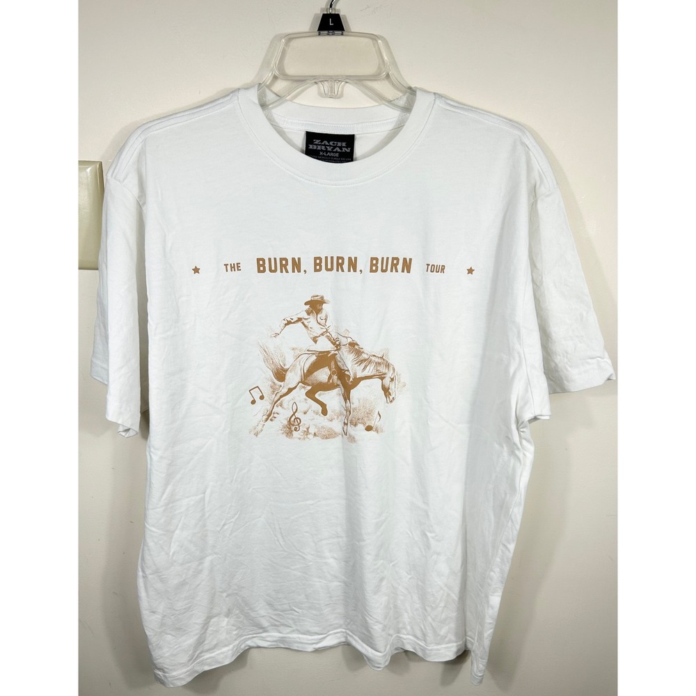 ZACH BRYAN 2023 Burn Tour T Shirt White XLarge Rodeo Cowboy Print Concert‎ Merch